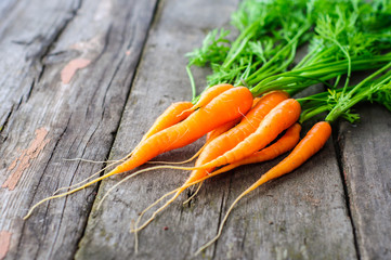 Bunch of fresh washed carrot on the old wooden background