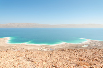 Exotic landscape Dead Sea shoreline aerial view with mountains