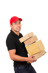 happy friendly confident delivery man carrying boxes
