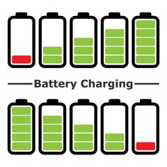 Battery charge level. Battery charging. Set of battery charge le