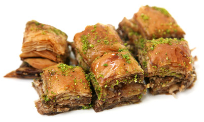 Turkish pakhlava with chocolate isolated on white