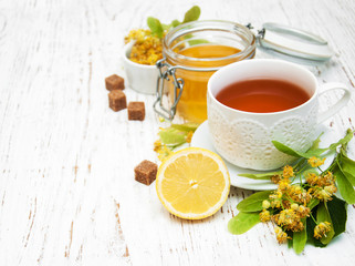 cup of herbal tea with linden flowers