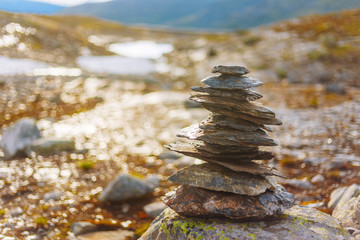 Fototapeta na wymiar Stack Of Rocks On Norwegian Mountain, Norway Nature