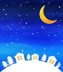 Fototapeta premium Silhouette of houses, night sky with stars and moon