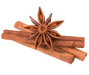 cinnamon stick and star anise spice isolated on white background