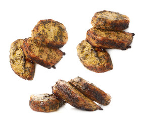 Three marinated beef slices isolated