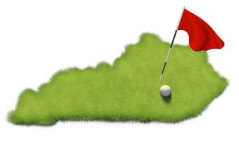 Golf ball and flag pole on course putting green shaped like the state of Kentucky