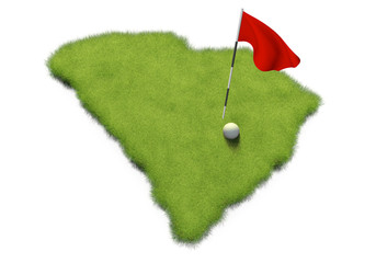 Golf ball and flag pole on course putting green shaped like the state of South Carolina