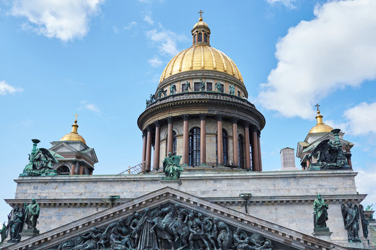 Russia, St. Petersburg, Isaac's Cathedral, 07.14.2015: Isaac's Cathedral from 5th floor of hotel 4 season, top view, golden dome
