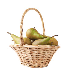 Wicker basket filled with pears isolated