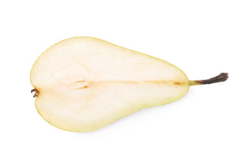 Green pear cut in half isolated
