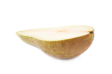 Green pear cut in half isolated