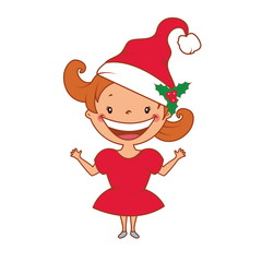 Illustration of funny smiling little girl in santa's hat. Vector