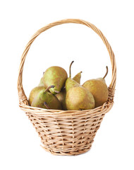 Wicker basket filled with pears isolated