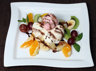 a dessert of ice cream and fruit