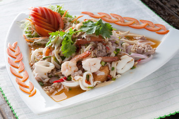 Mixed shrimp, squid, pork spicy salad, Thai foods