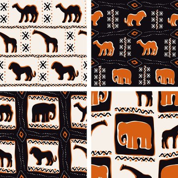 Set of orange Africa-themed seamless patterns
