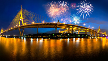 Bhumibol bridge at night with fireworks