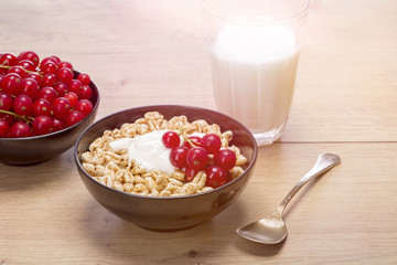 breakfast stilllife with cereals, fruits and milk