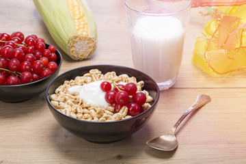 breakfast stilllife with cereals, fruits and milk