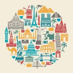 Image of Icon architectural monuments of the world in the shape of a circle printed on Printed Glass Splashbacks