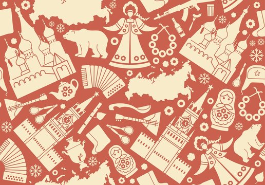 Seamless pattern with traditional Russian symbols