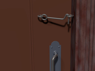 Obraz premium A simple cabin hook latch holding a brown door closed. Rendered 3d design.