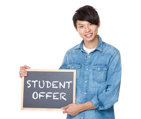 Man hold with blackboard showing student offer