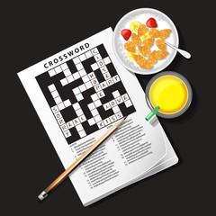 illustration of crossword game with cereal bowl and pineapple ju