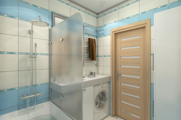 3D illustration of design of a bathroom in blue color
