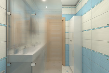 3D illustration of design of a bathroom in blue color