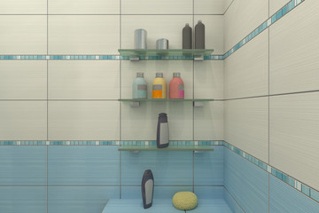 3D illustration of design of a bathroom in blue color
