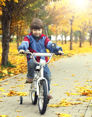 Fototapeta na wymiar boy riding a bicycle in autumn park