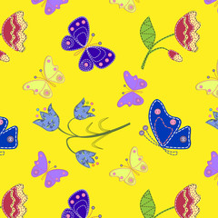 Stitched fabric flowers and butterflies, seamless pattern. 