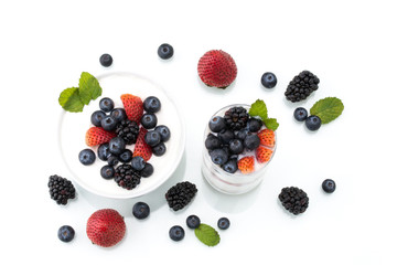 homemade healthy breakfast with yogurt, berry and oatmeal