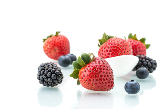 fresh strawberry in white spoon, healthy, blackberry, mint, Blue