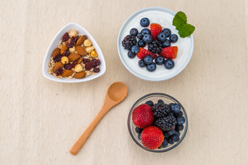 healthy breakfast with yogurt, berry and nuts, dieting