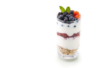 homemade healthy breakfast with yogurt, berry and oatmeal