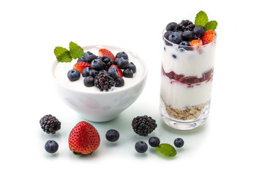 homemade healthy breakfast with yogurt, berry and oatmeal