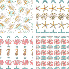 Four vector seamless pattern of seashell,  starfish,coral and se