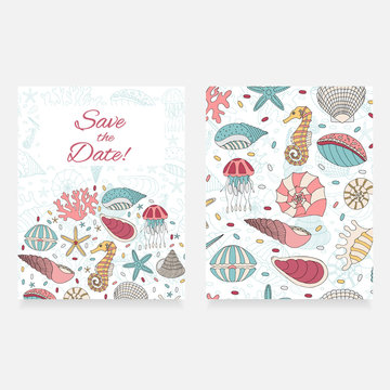 Vector card of seashells, starfish and seahorses.