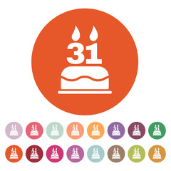 The birthday cake with candles in the form of number 31 icon. Birthday symbol. Flat