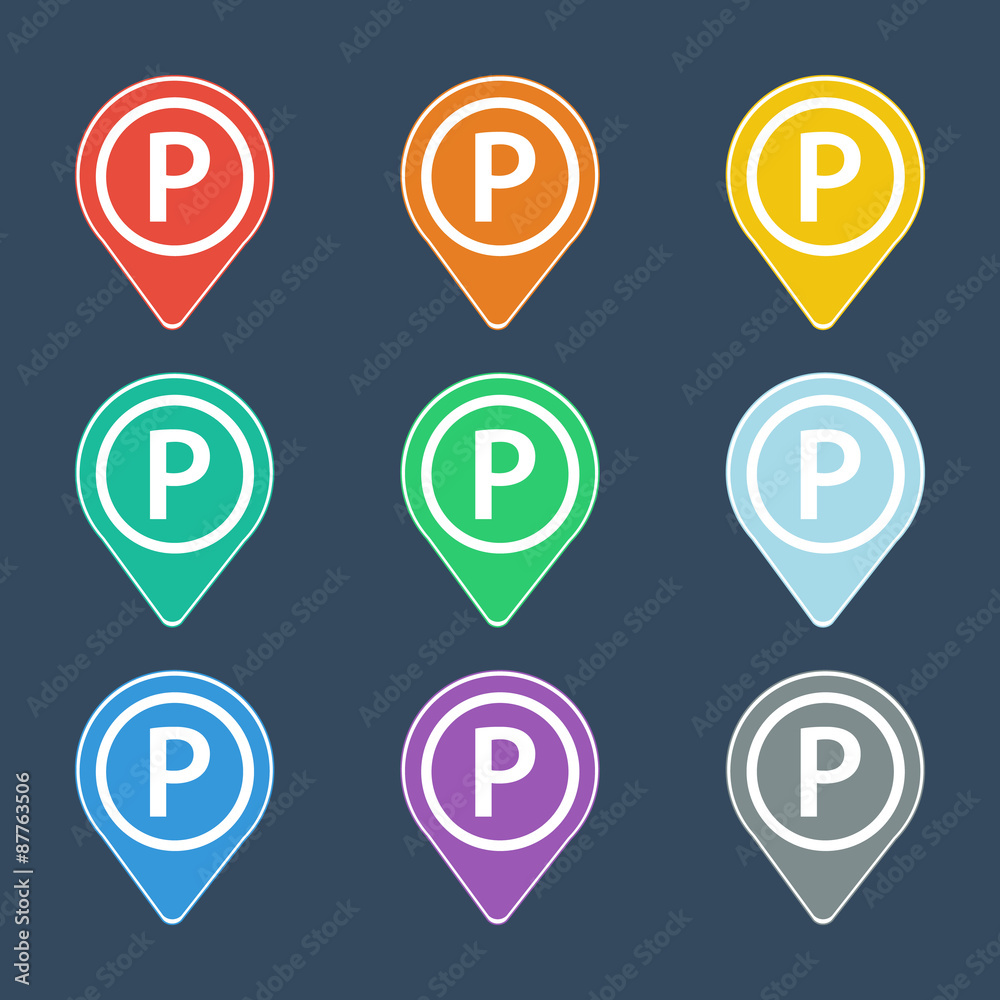 Poster Set of color parking pointer icons. Vector illustration.