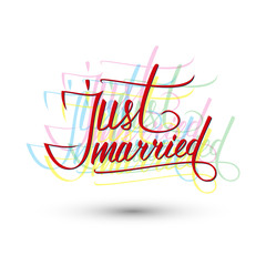 Just Married lettering sign, Vector illustration.