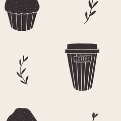 Repeating pattern with muffins and coffee in neutral colors. Seamless doodle background. Perfect for kitchen and cafe packaging, fabrics, napkins