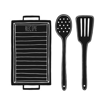 Kitchen utensils on the white background. Hand drawn cutting board, skimmer spoon and spatula
