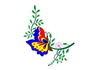 Butterfly on a branch vector illustration, Isolated on a white background, butterfly on a branch with flower and leaves