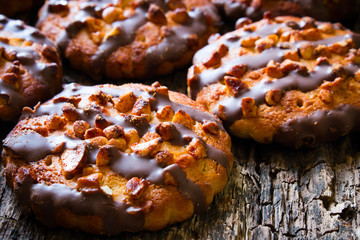 delicious cookies with chocolate and nuts closeup