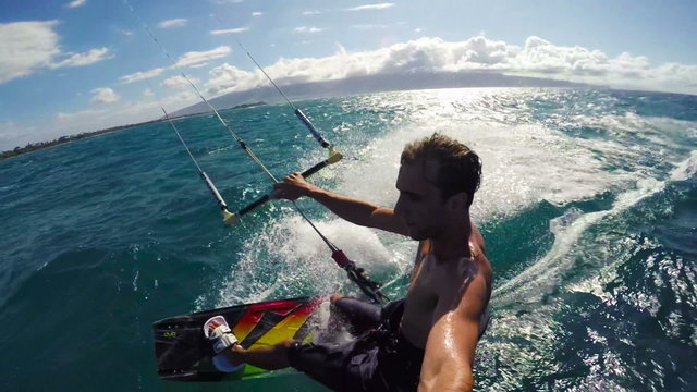 POV Young Man Kitesurfing in Ocean, Extreme summer sport hd, Slow motion