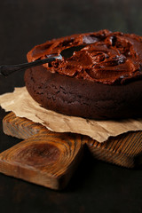 Tasty chocolate cake on table, close-up